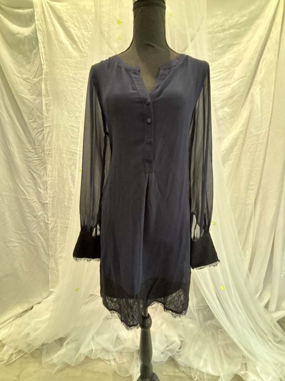 Lovestitch Navy Blue Sheer Long Sleeve Tunic Mini Dress with Lace Trim